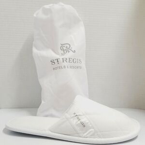 St. Regis White Quilted Velour Slip-in Lounge Slippers with Drawstring Pouch L